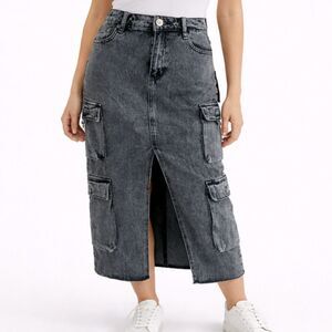 True Religion Vintage Cargo Midi Skirt Stonewash Utility Charcoal 25